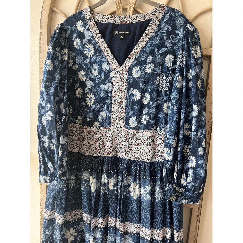 INC International Concepts Navy Blue Floral Patchwork Cotton Midi Dress Womens S - Picture 2 of 5